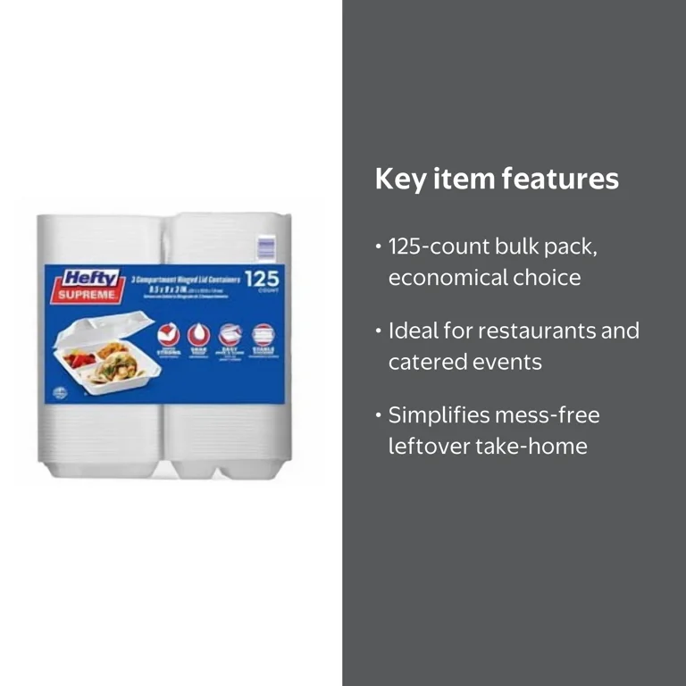 Hefty, Foam 3 Compartment HLC Containers, 125 ct, Hinged Lid
