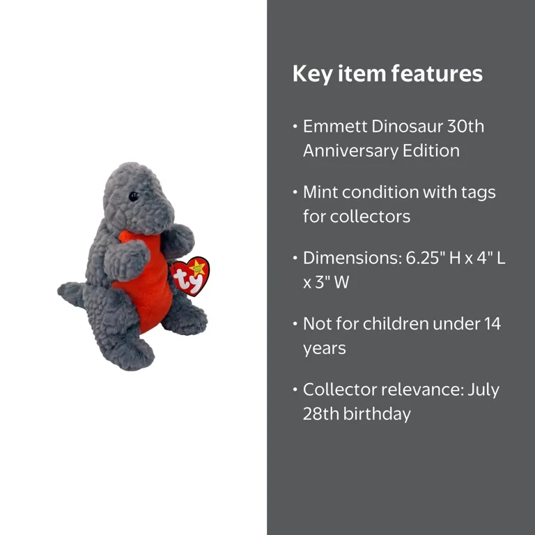 Ty Beanie Baby - Emmett the Dinosaur – 30th Anniversary - Stuffed