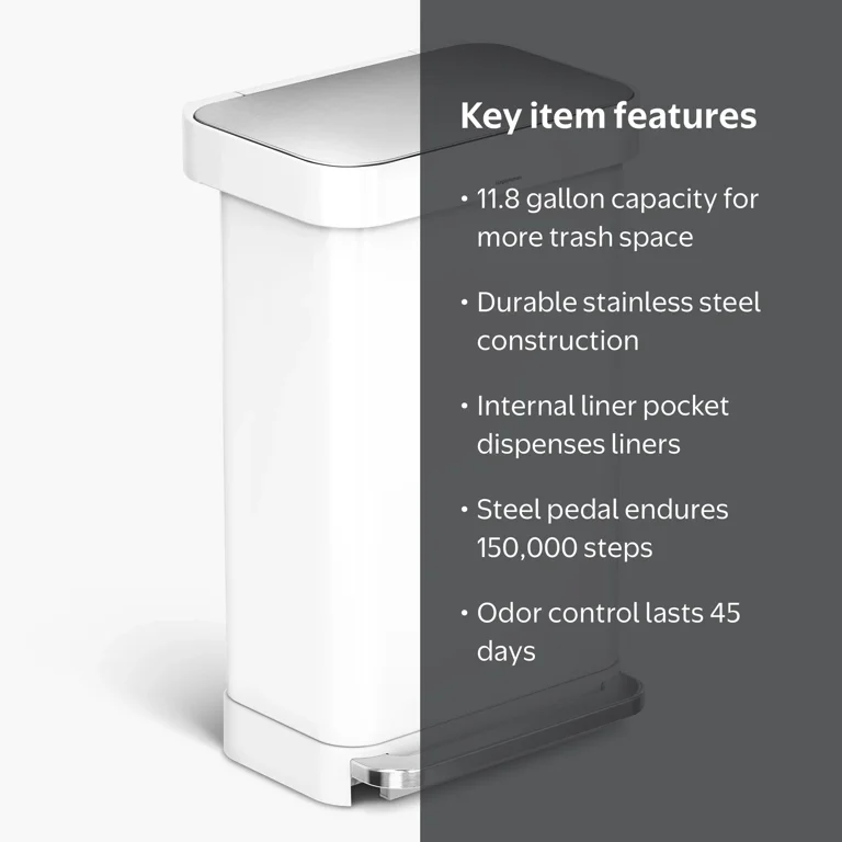 simplehuman, Kitchen Trash Can, 11.8 Gallon, White - Walmart.com