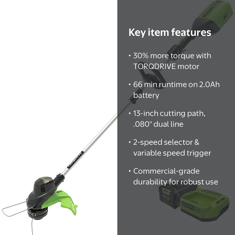 Greenworks, String Trimmer, 80V, 13-inch, Battery and Charger