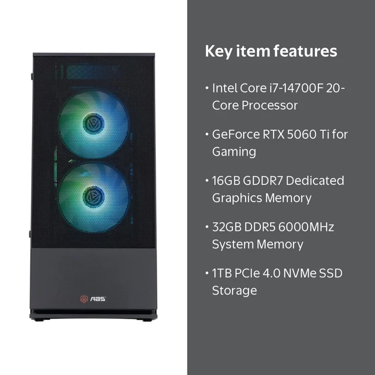 ABS Cyclone Aqua Gaming PC, Intel Core i7-14700F, GeForce RTX 5060