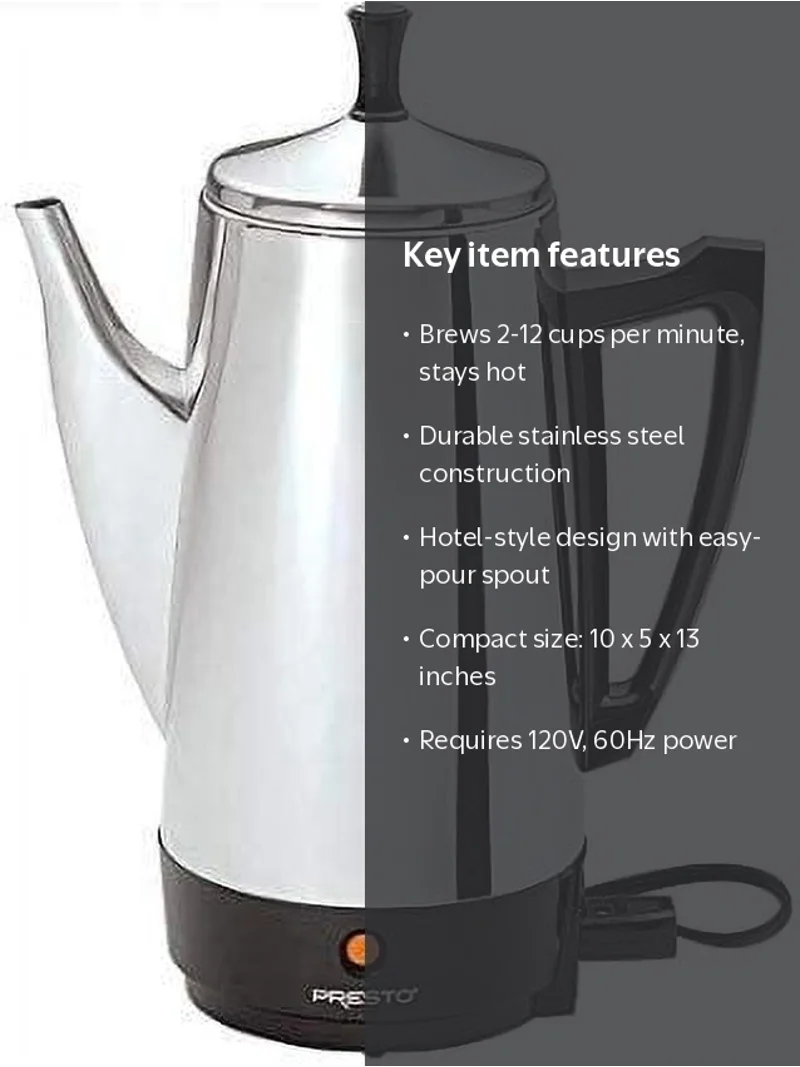 Presto, Coffee Maker, 12 Cups, Stainless Steel, Silver - Walmart.com