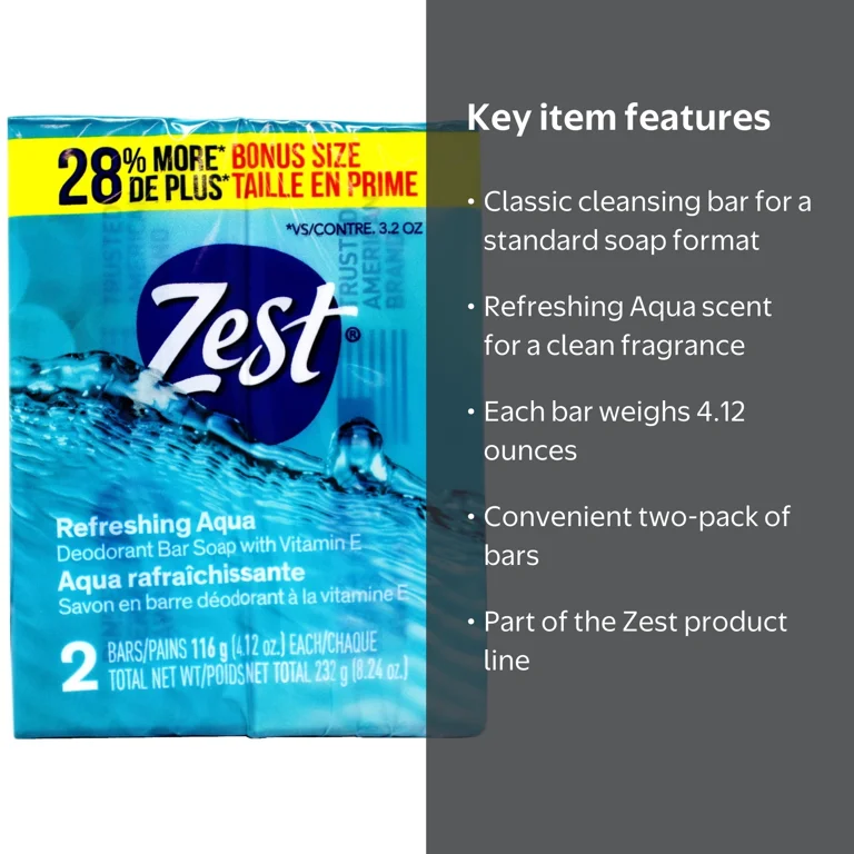Zest, Bar Soap, Aqua 4.12 oz, 2 pack, moisturizing formula