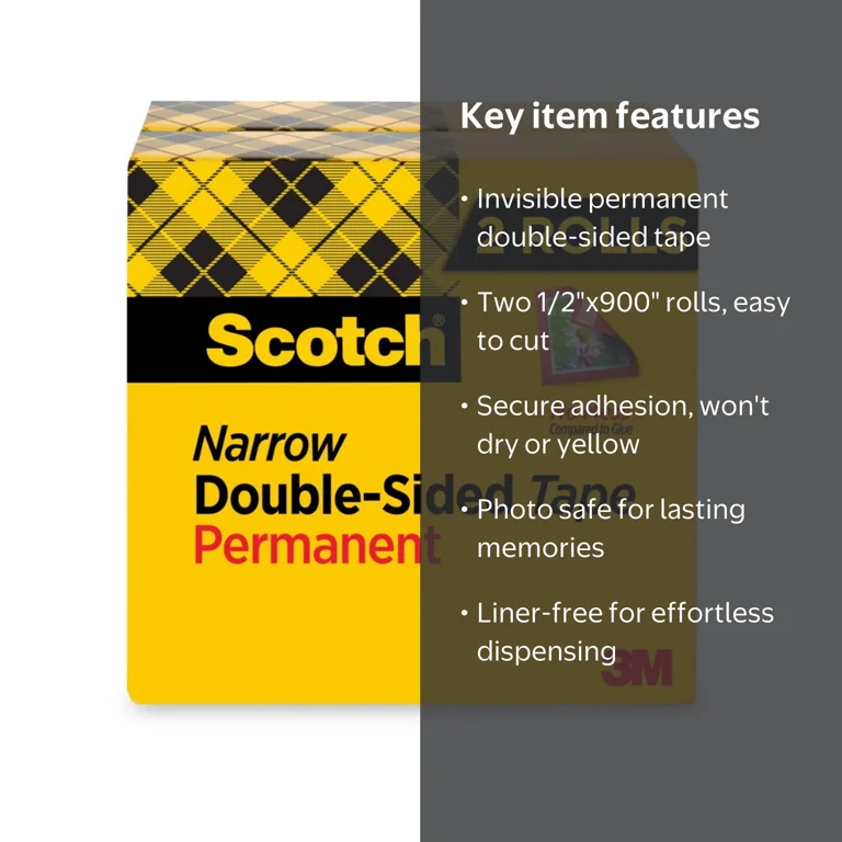 Scotch 665 Double-Sided Tape, 1/2 x 900 in, 1 in Core, Clear, 2
