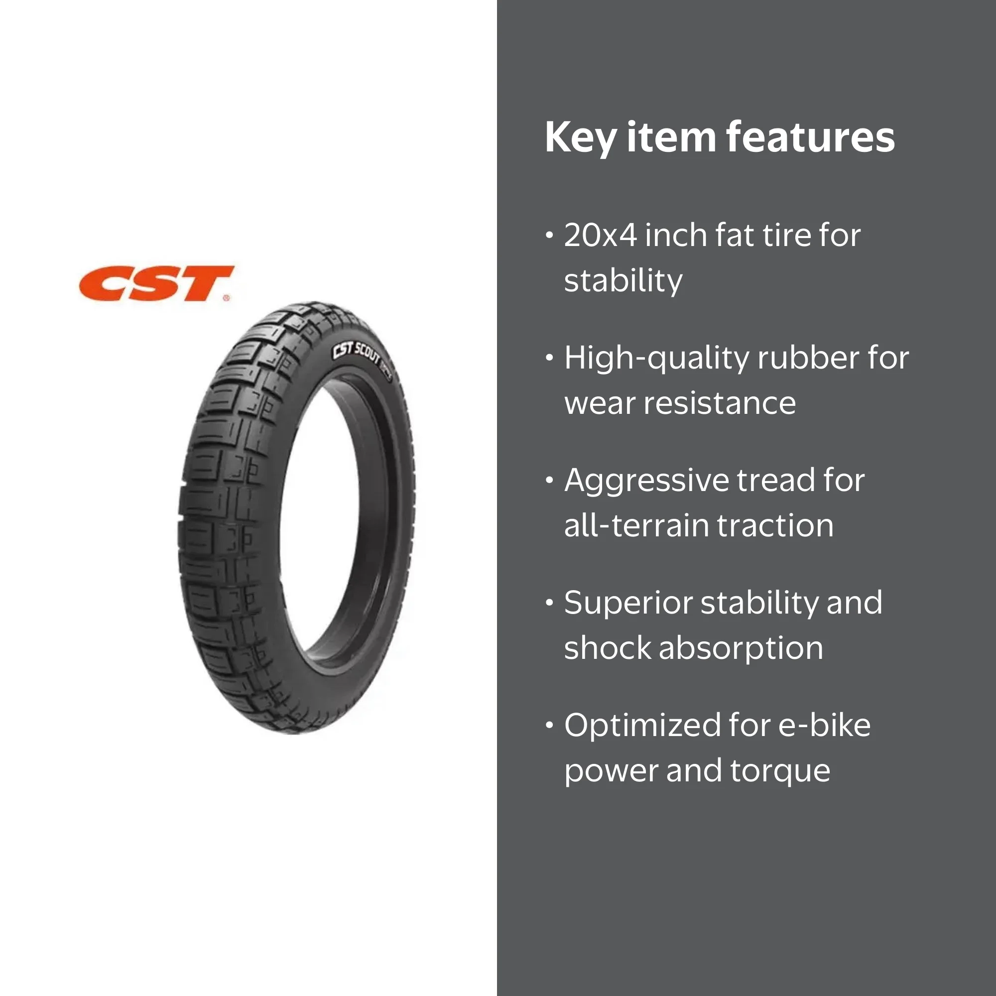 CST, E-Moped Tire, 20x4 Inch, Dual Purpose Fat Tire for Electric