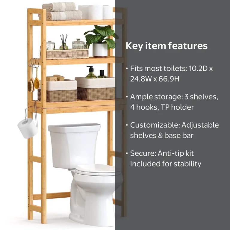 3-Tier Over-The-Toilet Storage Shelf – Large Capacity Bathroom Organizer, No-Drill Installation, Rust-Resistant Thick Material, Space-Saving
