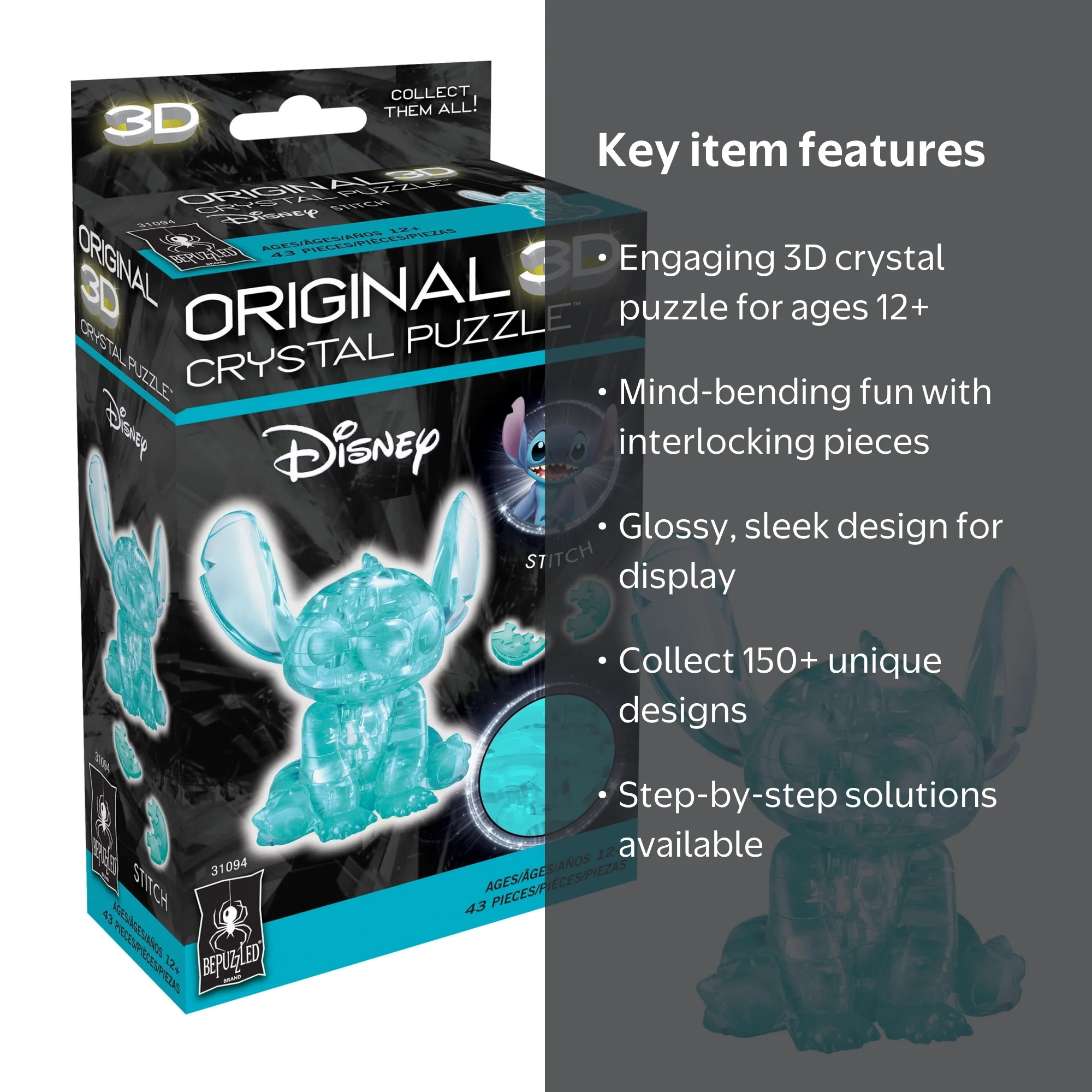 Original 3D Crystal Puzzle Disney Stitch, Interlocking Translucent