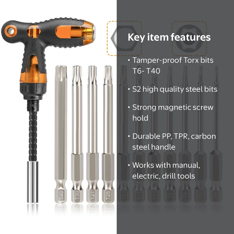 Tonsiki, Security Torx Screwdriver Bit Set, T6-T40, 75mm, Orange