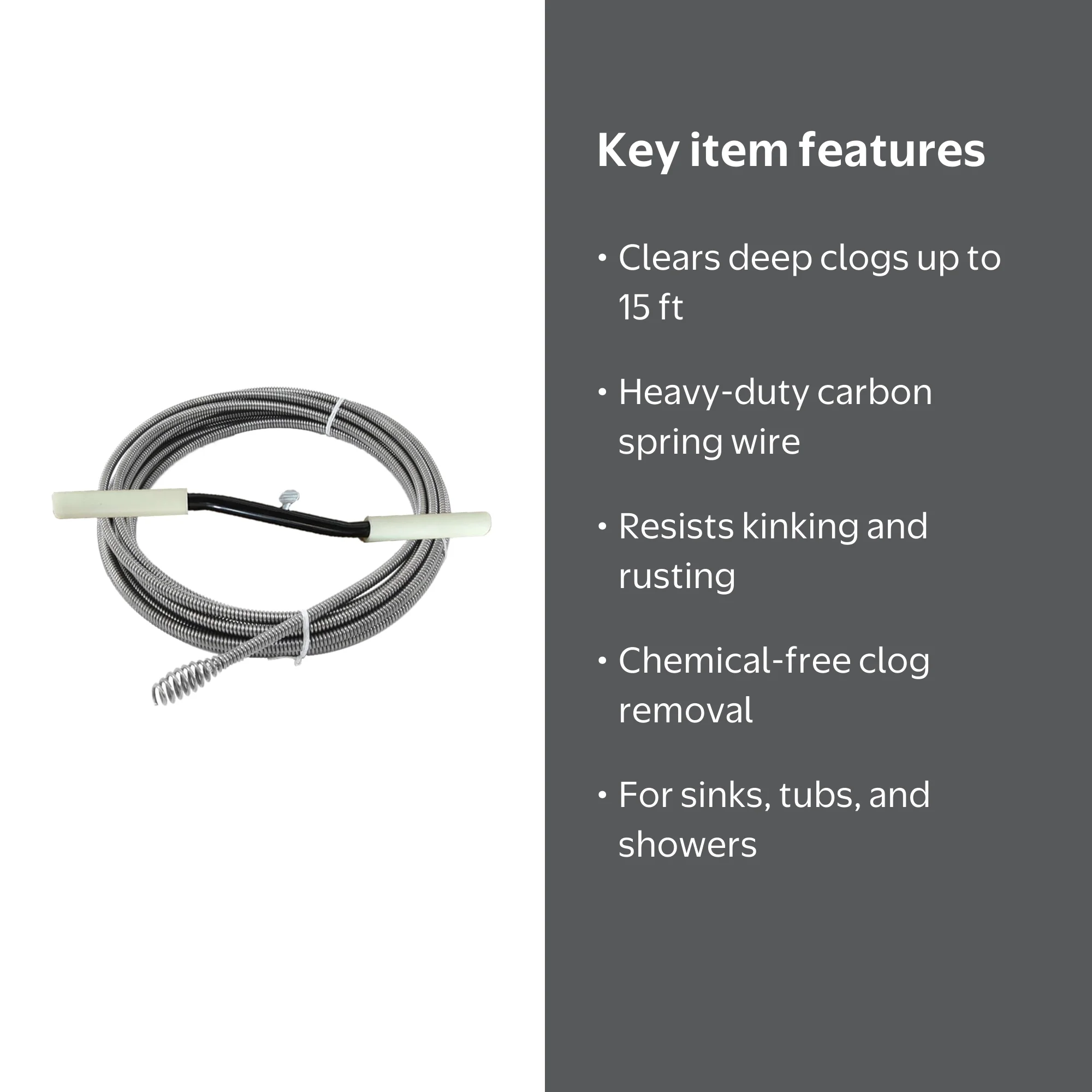 The Works PL171206, 15 ft, Silver Manual Auger Drain Snake Heavy