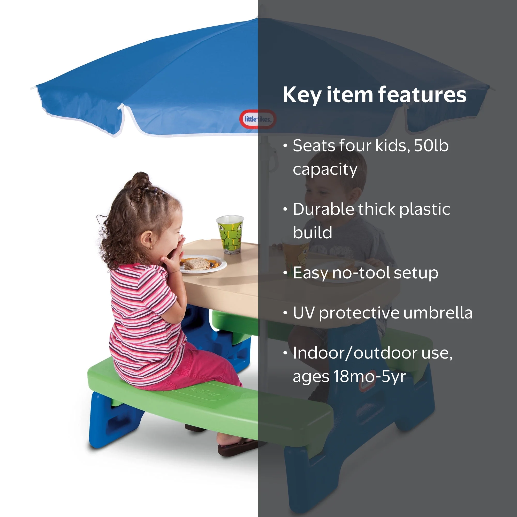 Little Tikes Outdoor Kids Picnic Table with Umbrella, Ages 2+