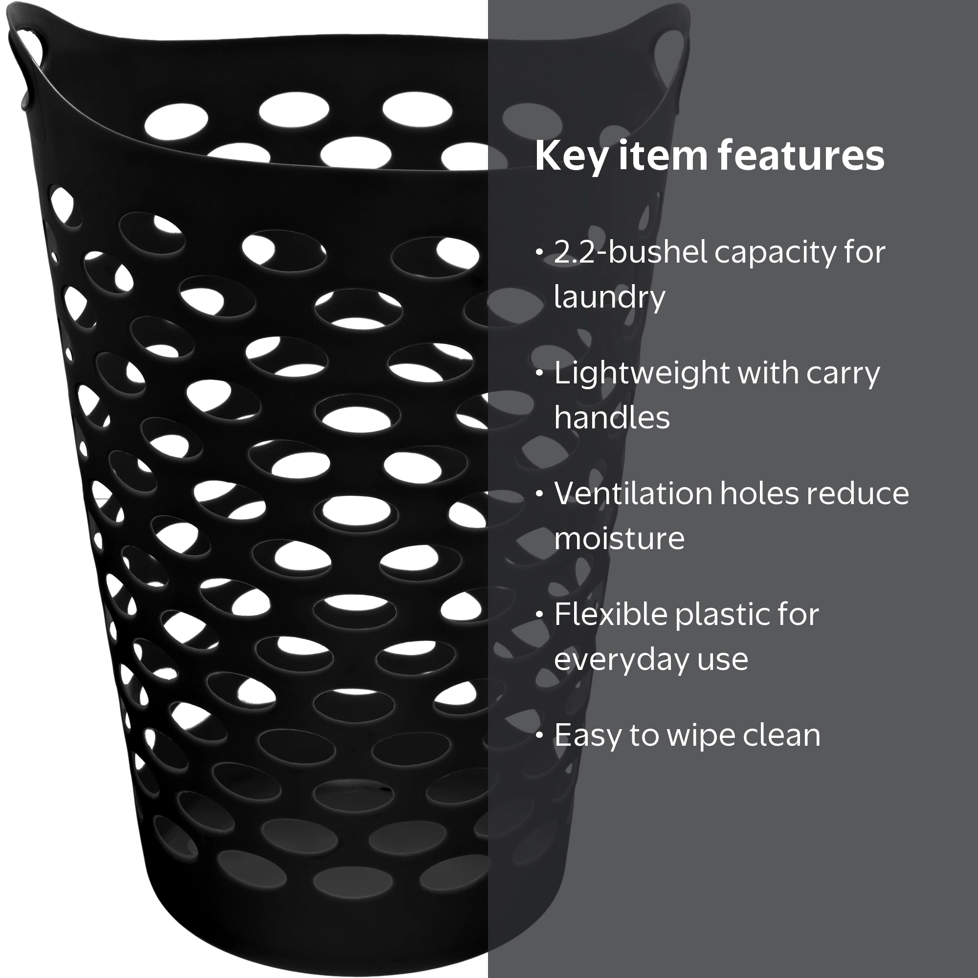Mainstays Flexible Plastic Laundry Hamper Black, 2.2 Bushels