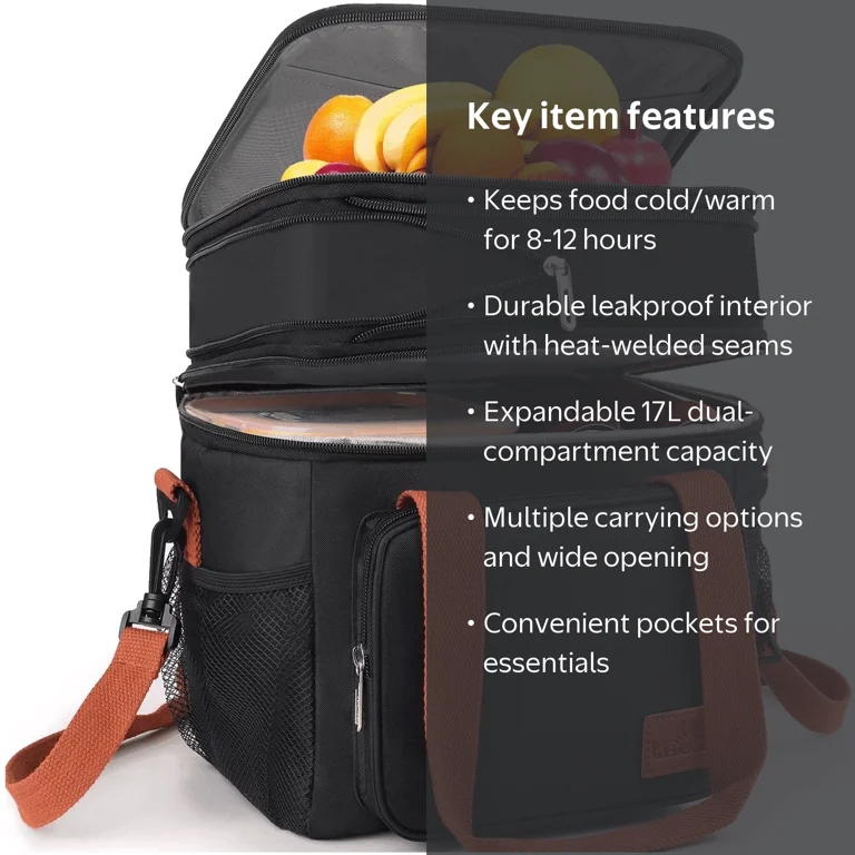 Cshidworld Insulated Lunch Bag, 17L Expandable Double Deck