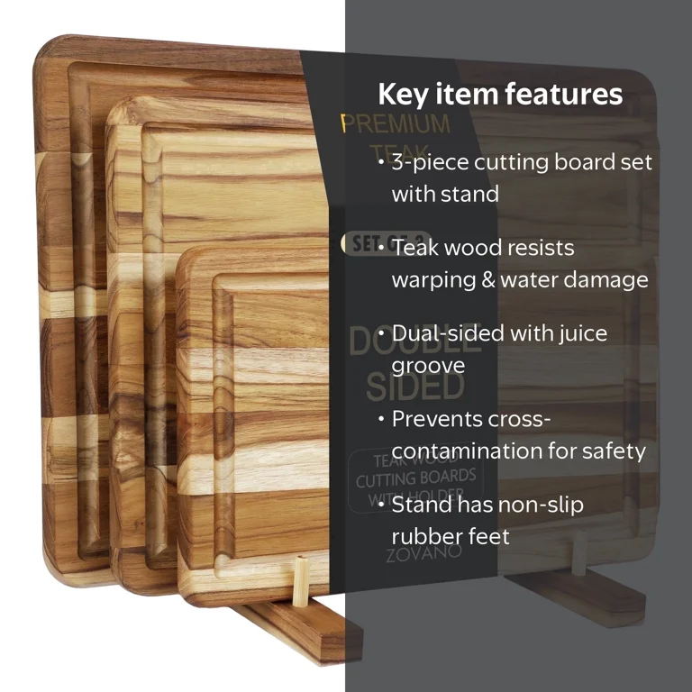 Zovano 3pcs Teak Cutting Board Set with Stand Storage, Deep Juice