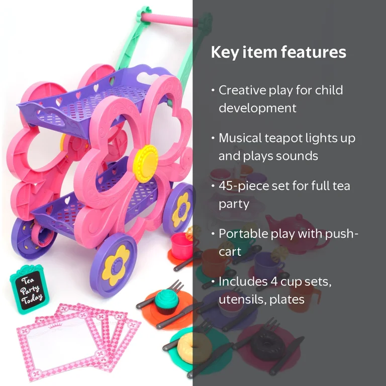 Kid Connection Kids Flower Tea Cart Play Set, 45 Pieces with Light