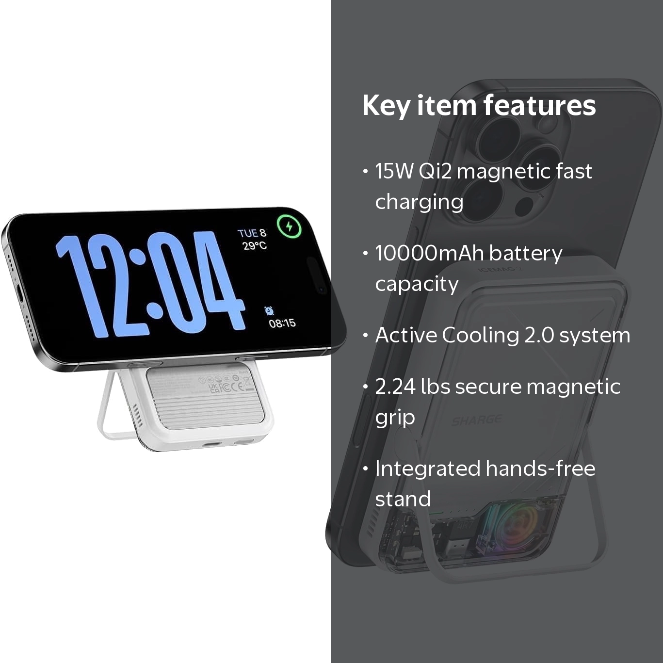 SHARGE ICEMAG 2 Magsafe Power Bank, 10000mAh, 15W Qi2 Wireless