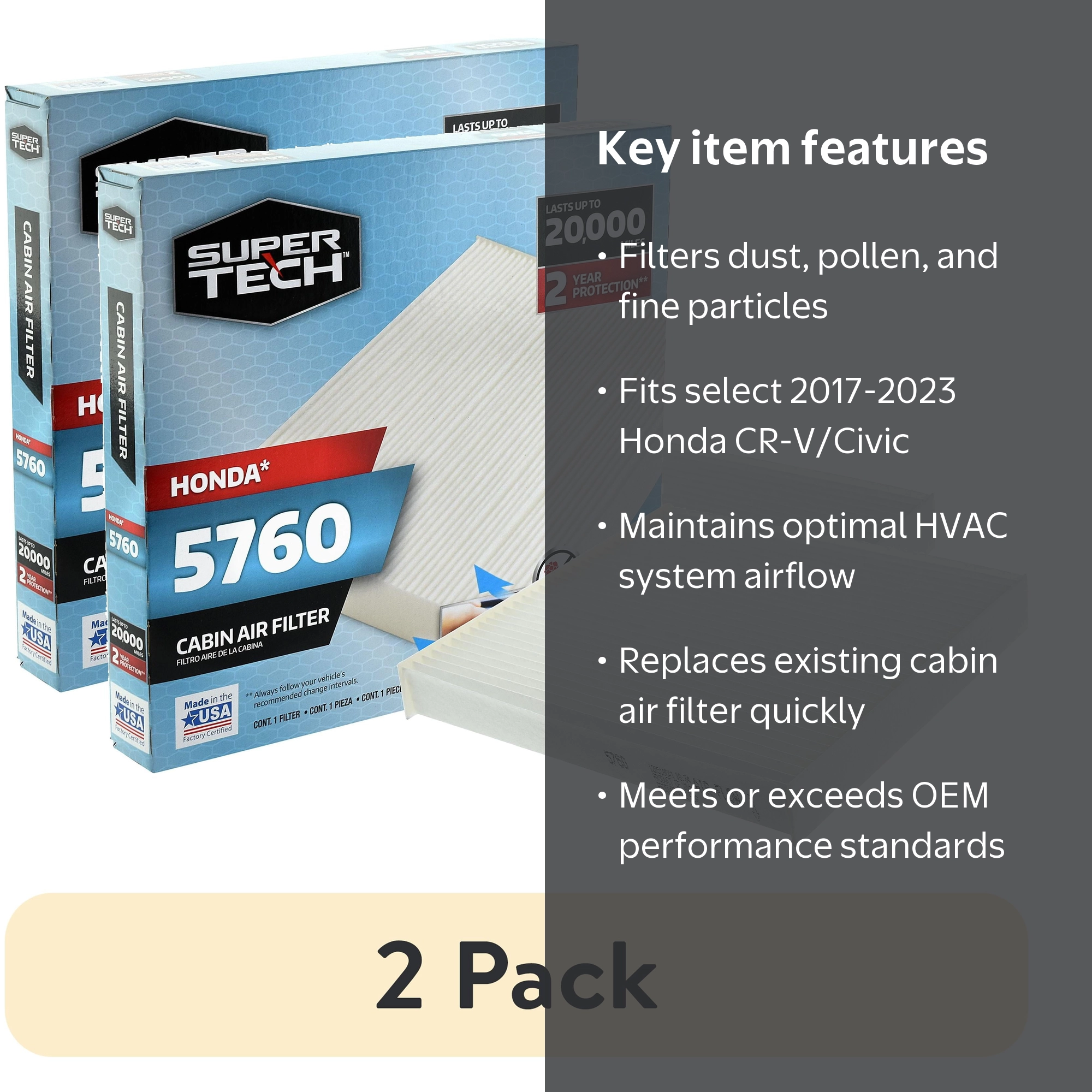 2 pack) SuperTech Cabin Air Filter 5760, Replacement Air/Dust