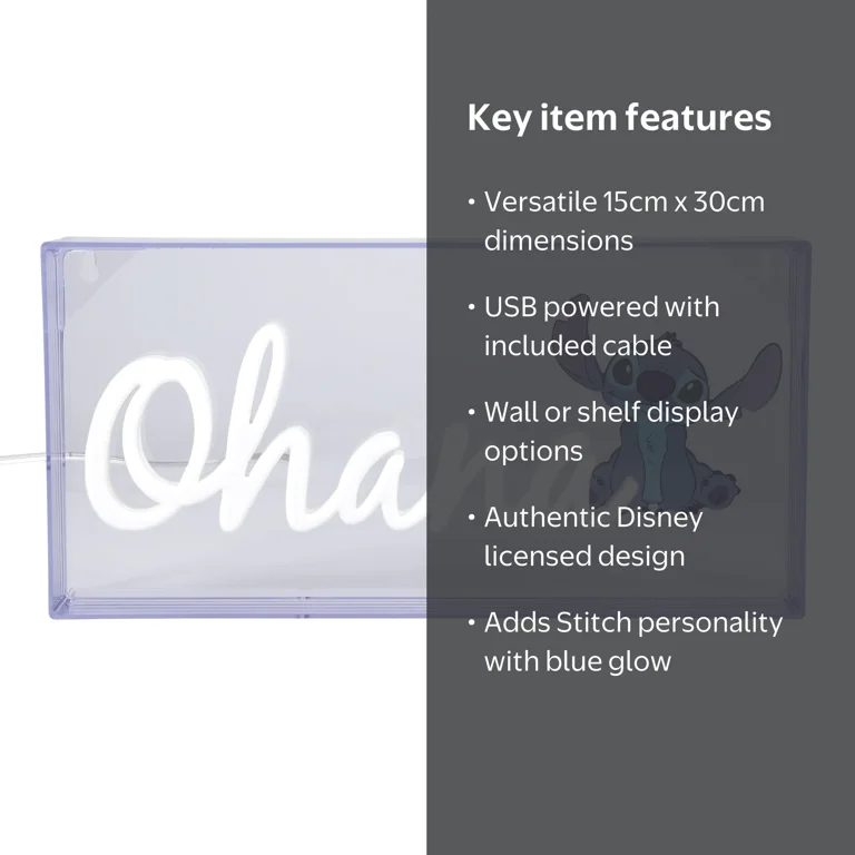 Paladone Disney Stitch Ohana Neon LED Light, 15cm x 30cm, USB