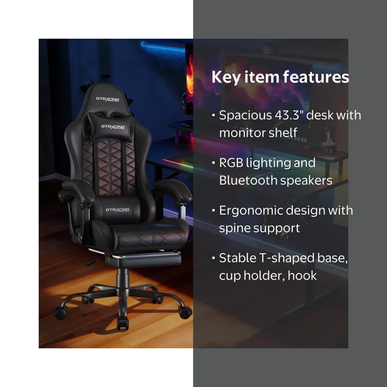GTRACING LED Gaming Desk and Bluetooth Gaming Chair Set, Black