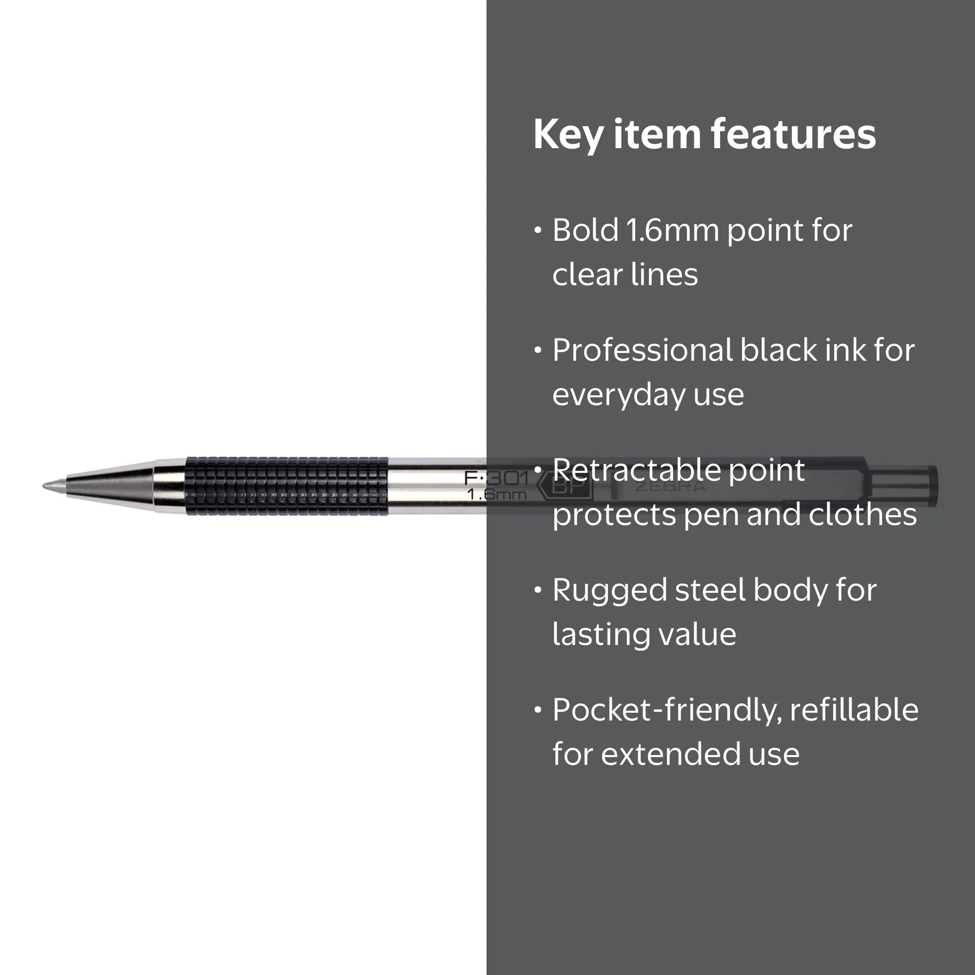 Zebra F-301 Retractable Ballpoint Pen, 1.6mm, Black - Walmart.com