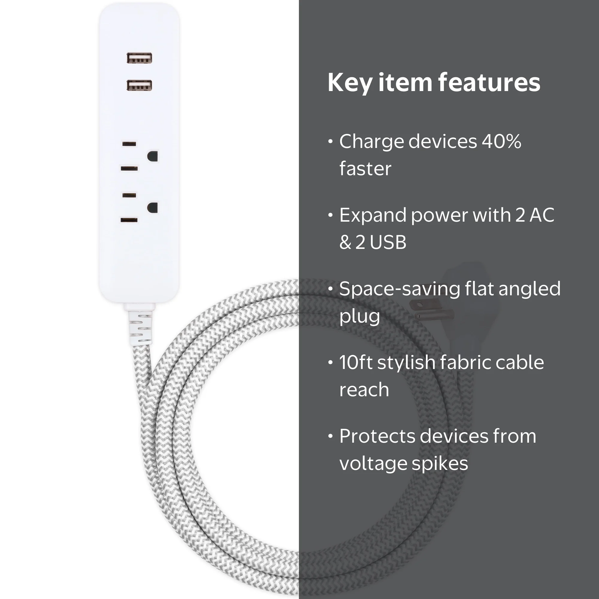 Cordinate 2-Outlet Grounded Extension Cord with USB, 10ft, Gray