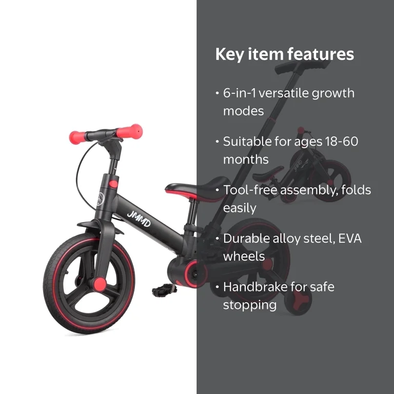 JMMD, Toddler Bike with Push Handle, 6 in 1 Foldable Tricycle