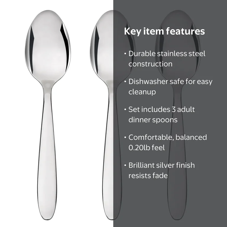 Mainstays Stainless Steel Dinner Spoon Set 3-Piece Silver Durable