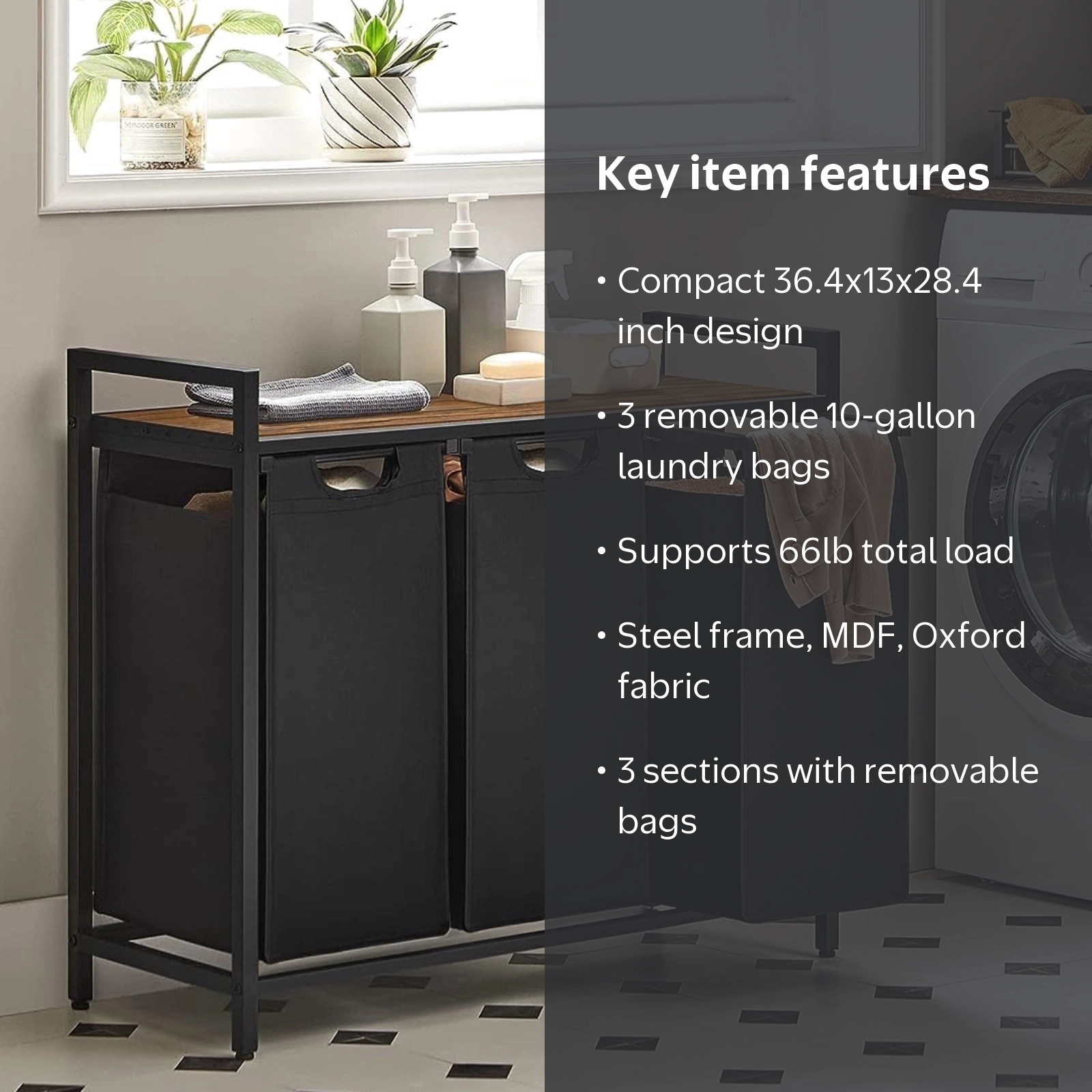 VASAGLE, Laundry Hamper, 1 Shelf, 3 Sections with Removable Bags
