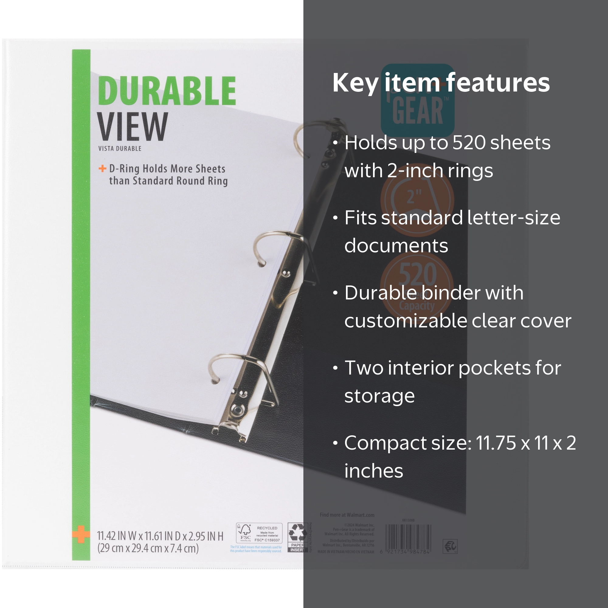 Pen+Gear Durable View Binder, 2-Inch D-Rings, White, 520-Sheet