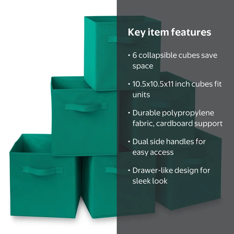 "Casafield 6 Teal Fabric Storage Cube Bins - 11"" Collapsible Organizer ...