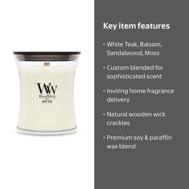 Woodwick, Scented Candle, 9.7 oz, White Teak, Hourglass Style