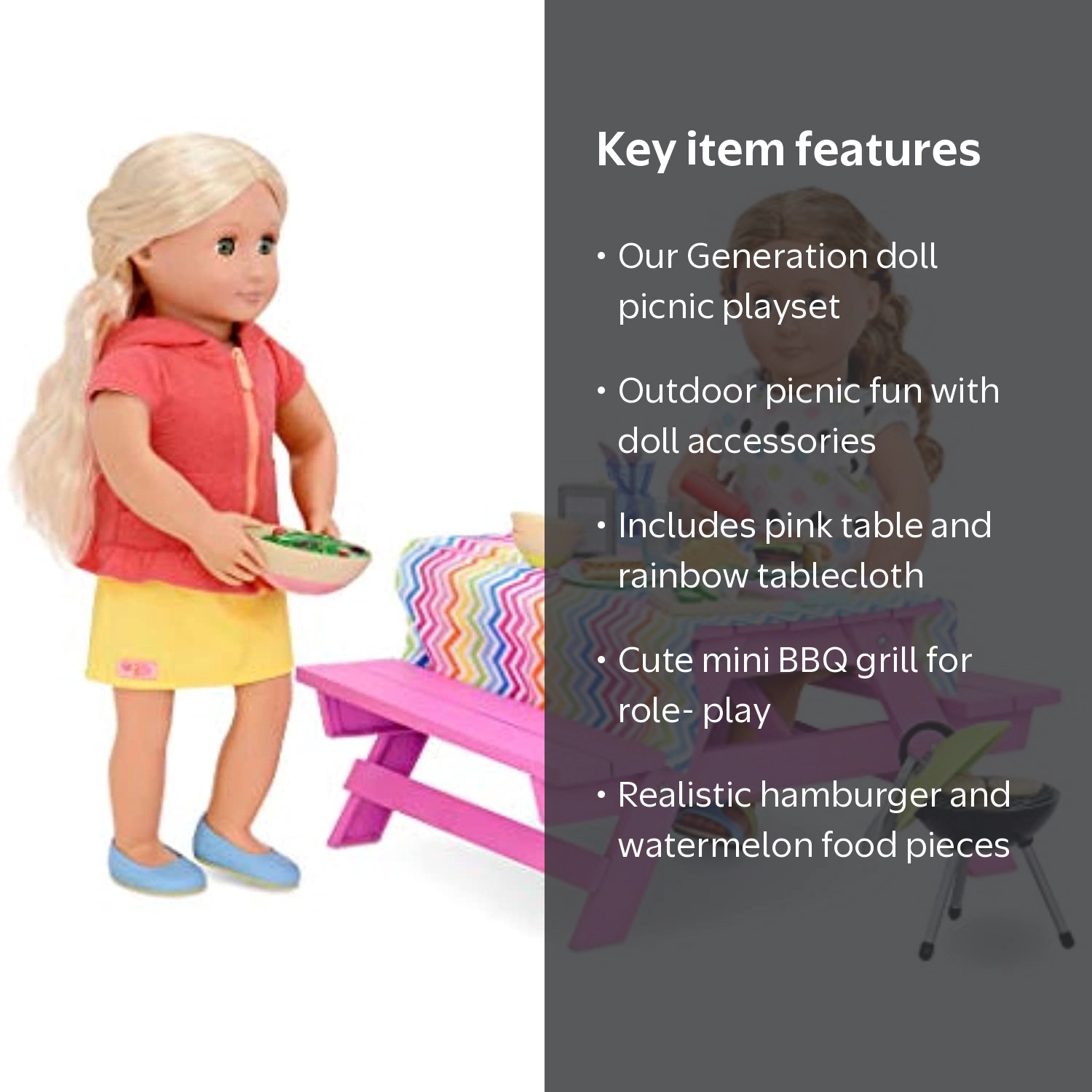 Our Generation Pink Picnic Table Set for Dolls, BBQ Grill, Summer