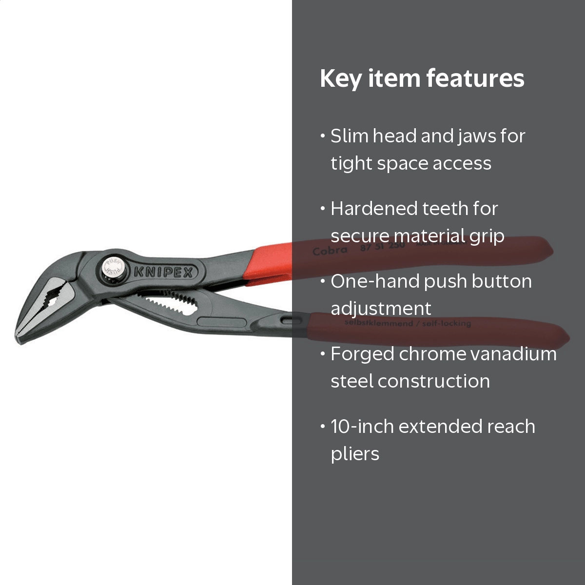 KNIPEX 8751250 Cobra ES Extra Slim Pliers 10 Inch Narrow Jaws