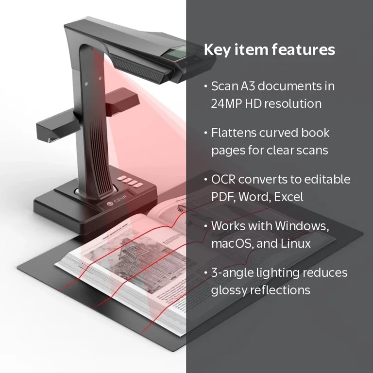 CZUR, Book Document Scanner, A3, 24MP HD Camera Support HDMI