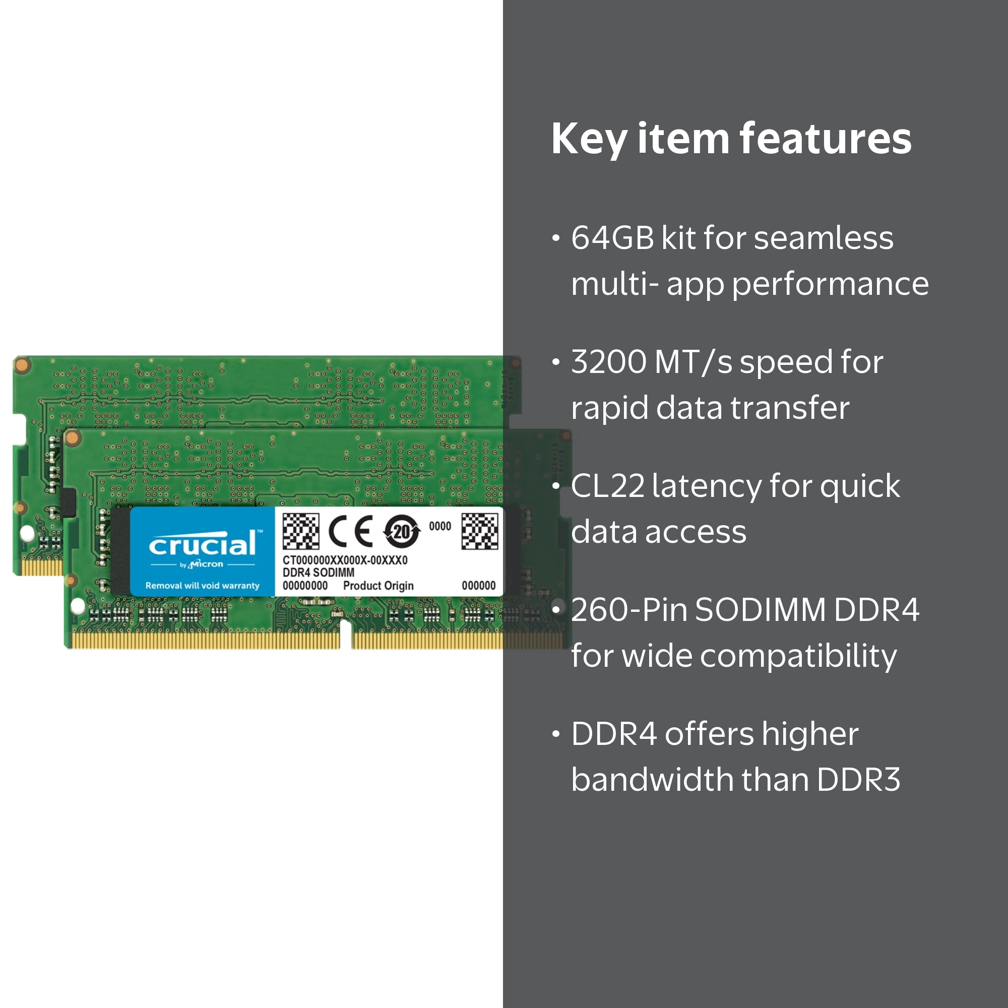 Crucial 64GB DDR4 3200MHz CL22 SODIMM Memory Kit, 2x32GB, High