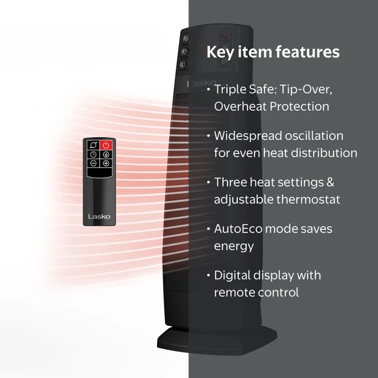 Lasko 22” Oscillating 3-Speed Ceramic Tower Space Heater with Tip
