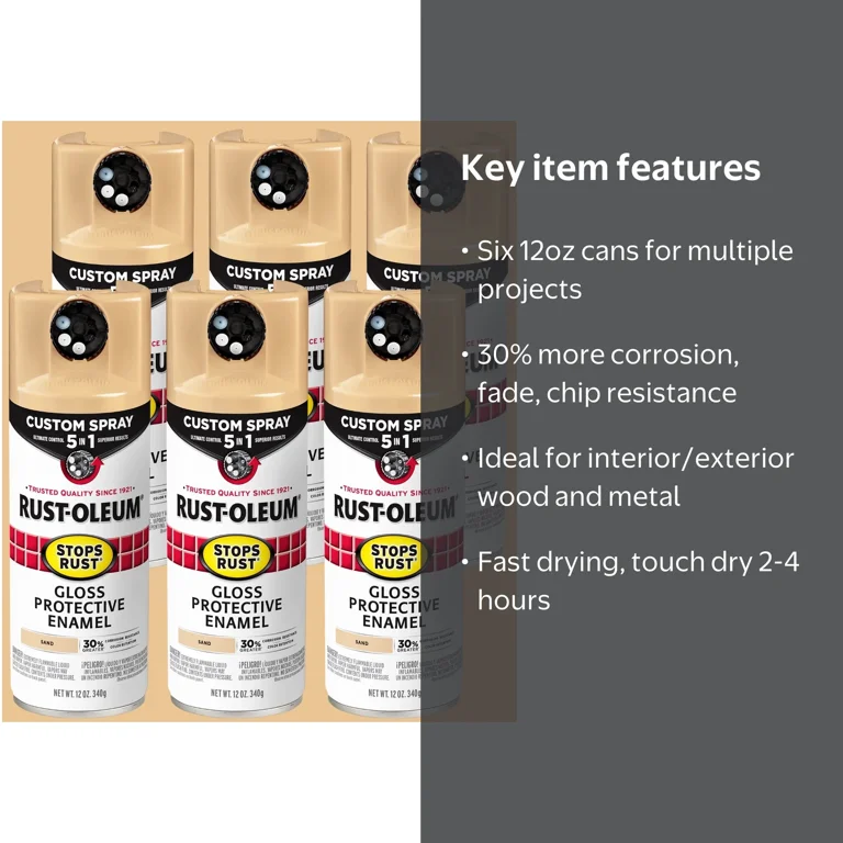 Rust-Oleum Stops Rust 5 in 1 Gloss Spray Paint, Beige, 6pk, 72oz
