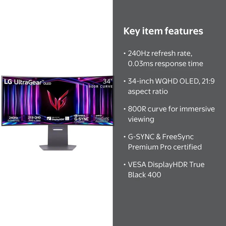 LG, 34 inch UltraGear Gaming Monitor, 1440p 240Hz OLED, Curved