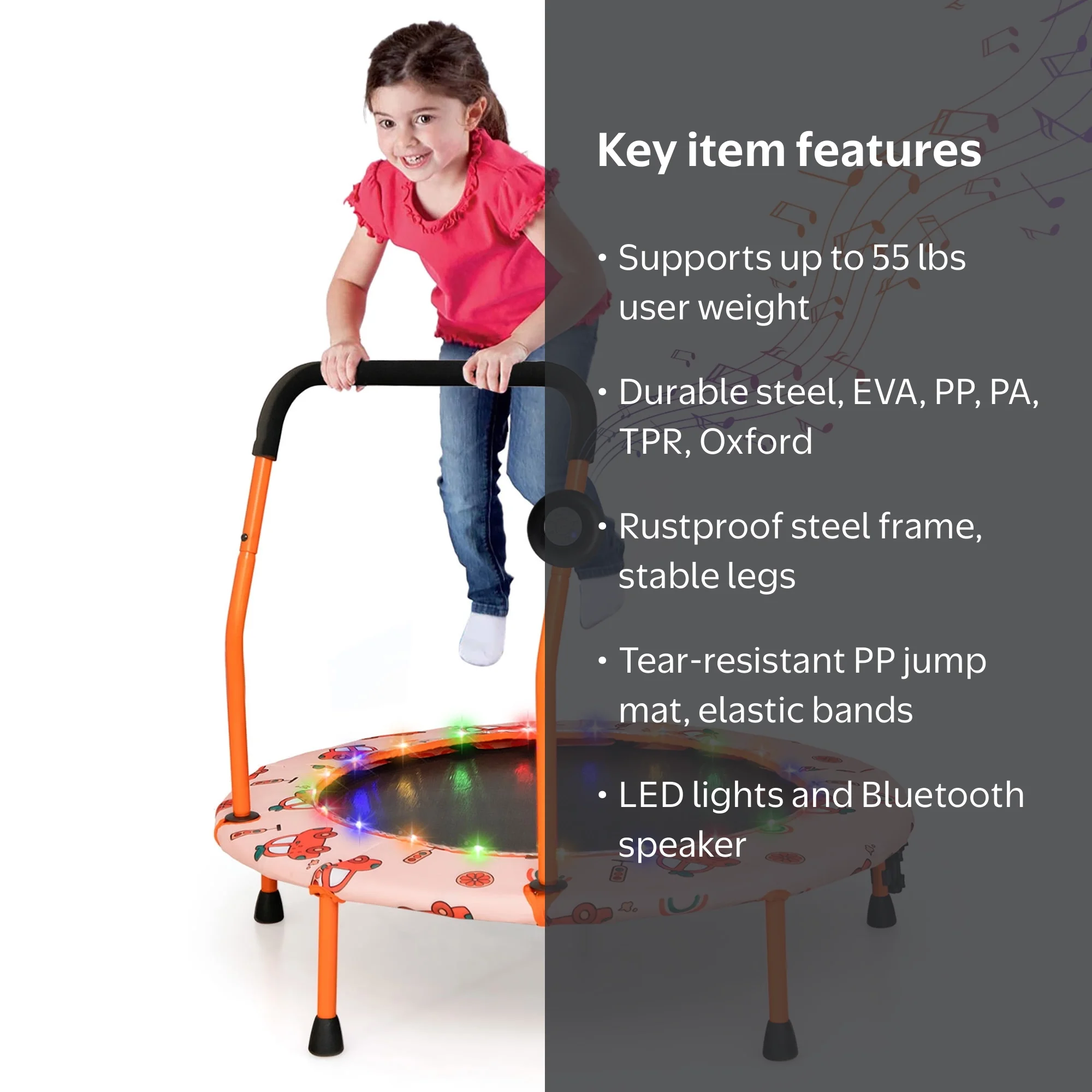 Gymax 36'' Mini Toddler Trampoline w/ LED Bluetooth Speaker