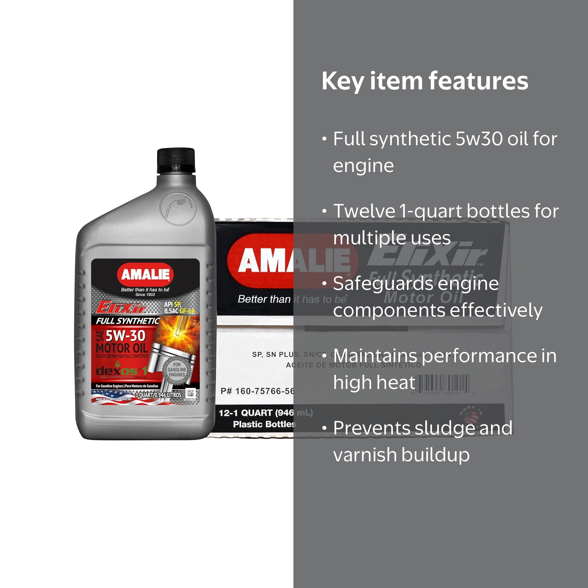 Amalie Elixir Full Synthetic 5W 30 Dexos1 Car Motor Oil Blend - 12