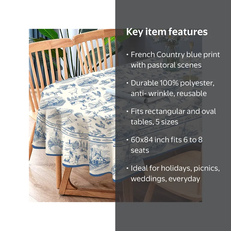 Blue Retro Fabric French Country Oval Tablecloth, 52x70 inch