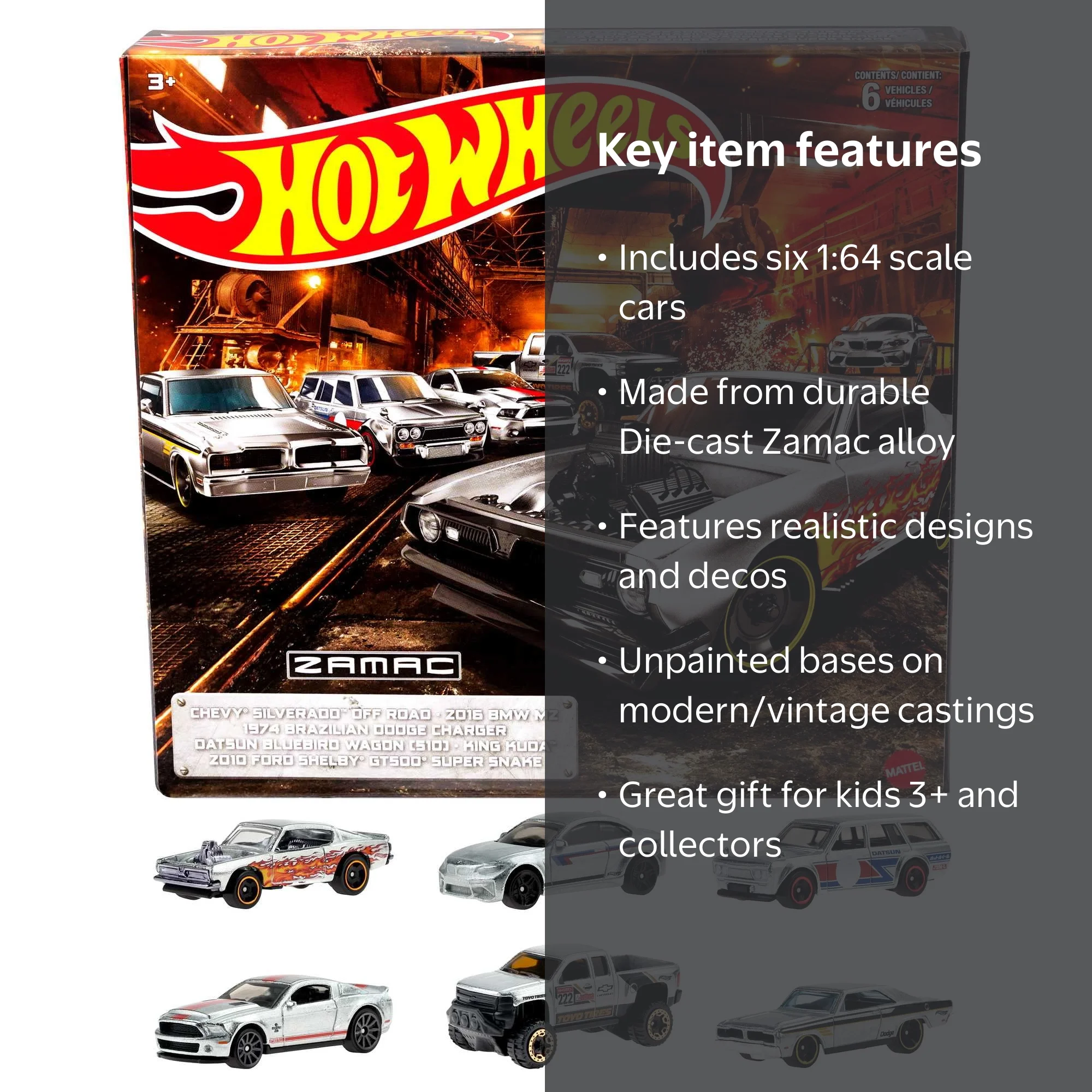 Hot Wheels Zamac 6-Pack of 1:64 Scale Collectible Toy Cars (Styles