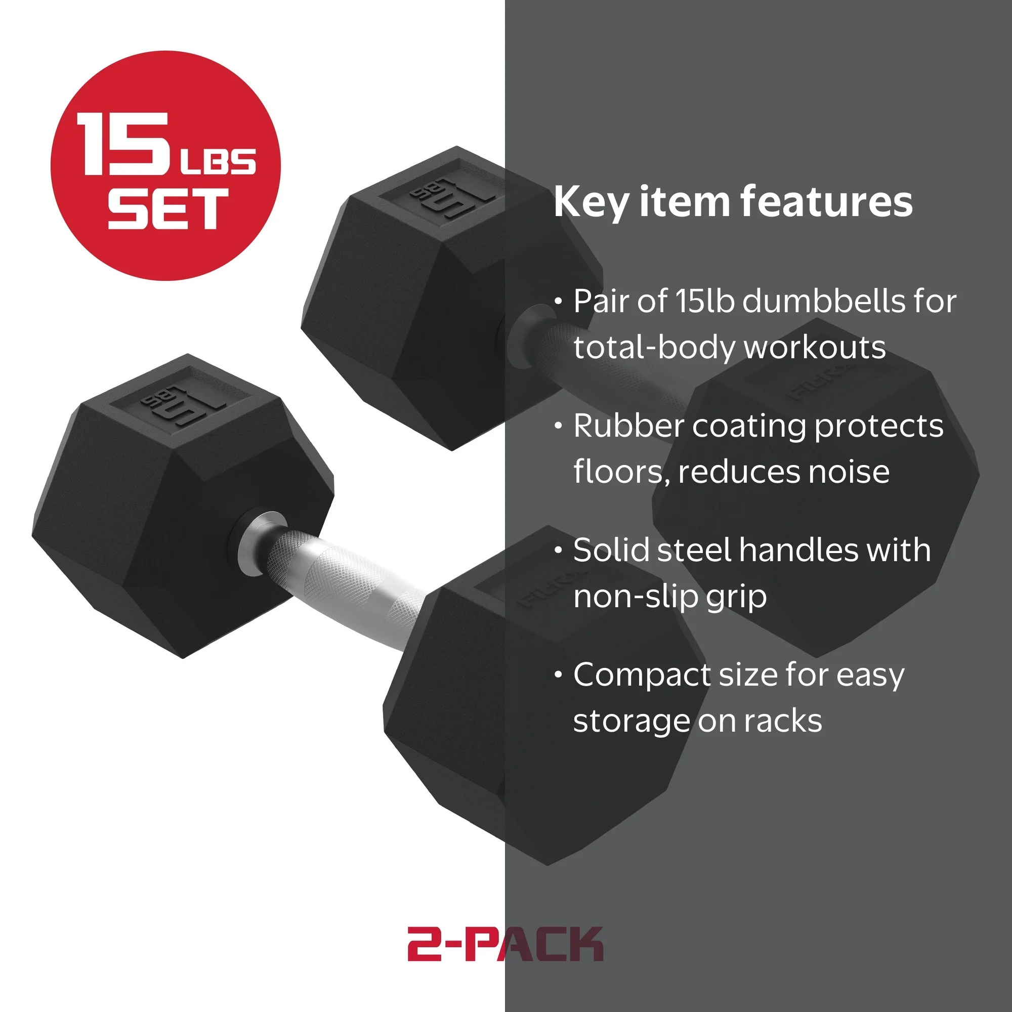 FitRx 15lbs Rubber Hex Dumbbell Set – Solid Steel Handles, Durable FitRx 15lbs Rubber Hex Dumbbell Set – Solid Steel Handles, Durable