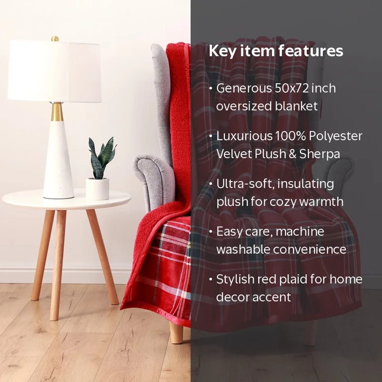 Better Homes & Gardens Red Plaid Velvet Plush Sherpa Throw Blanket