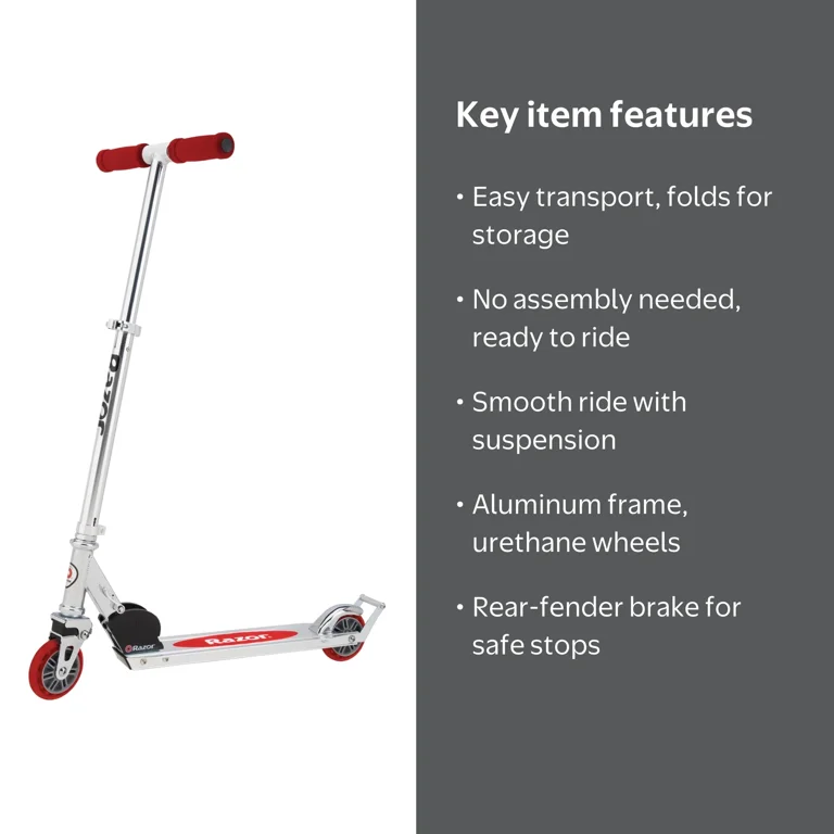 Razor A2 Kick Scooter – Red, Wheelie Bar, Foldable, Lightweight