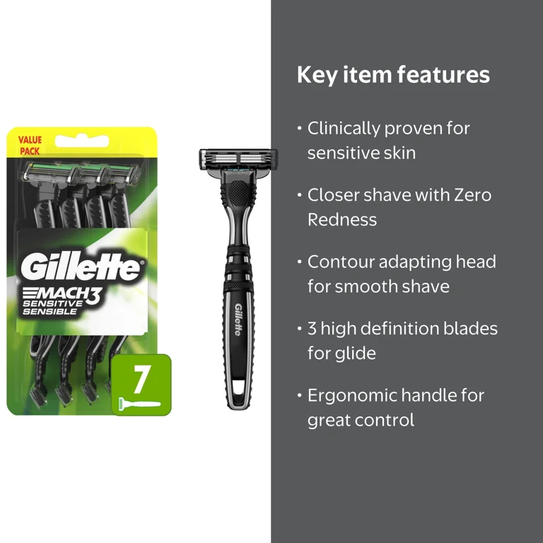 Gillette Mach3 Sensitive Men's Disposable Razors, 7 Count