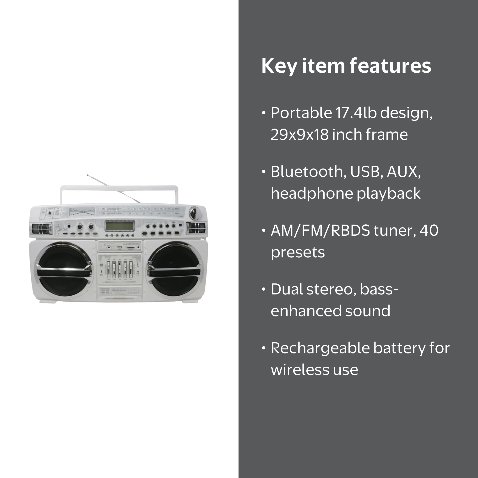 Lasonic i-931BT 80s Style Bluetooth Boombox - WHITE, Retro Design