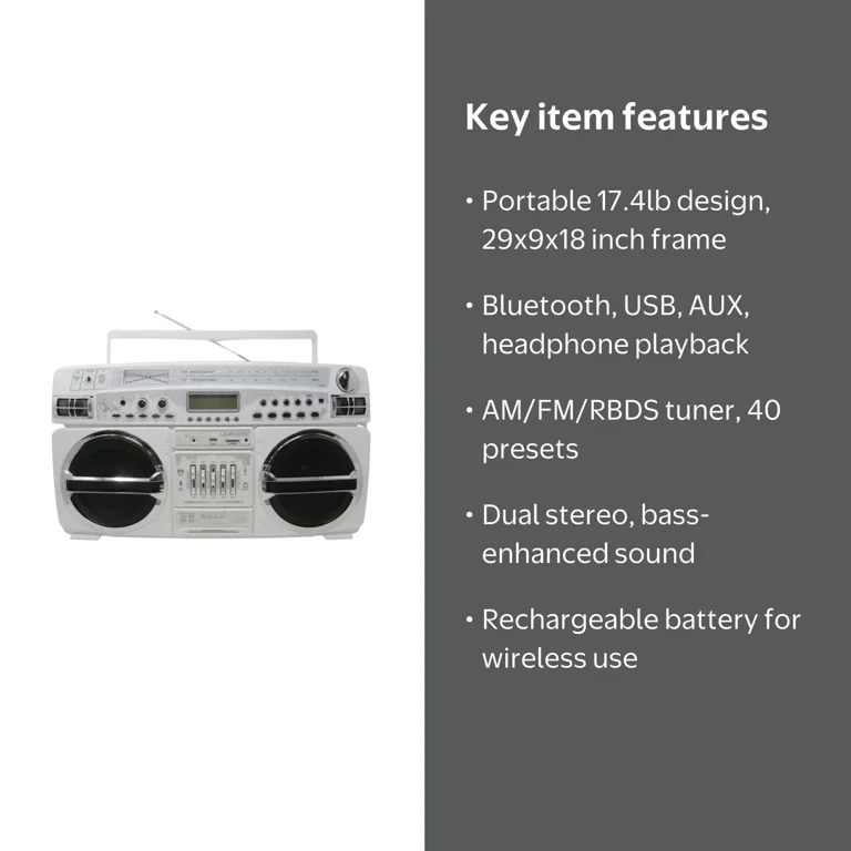 Lasonic i-931BT 80s Style Bluetooth Boombox - WHITE, Retro Design