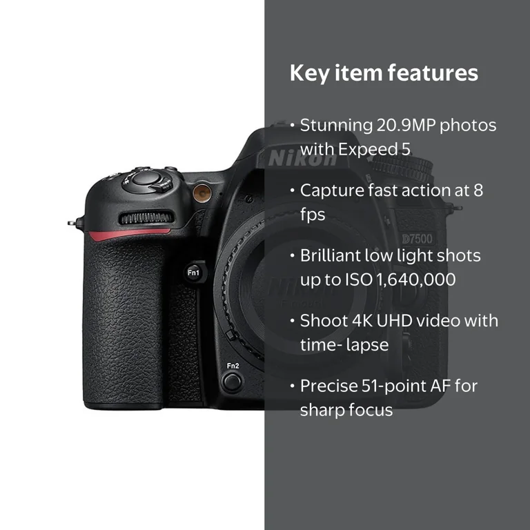Nikon D7500 DSLR Camera - 20.9MP, 4K UHD Video, Wi-Fi & Bluetooth