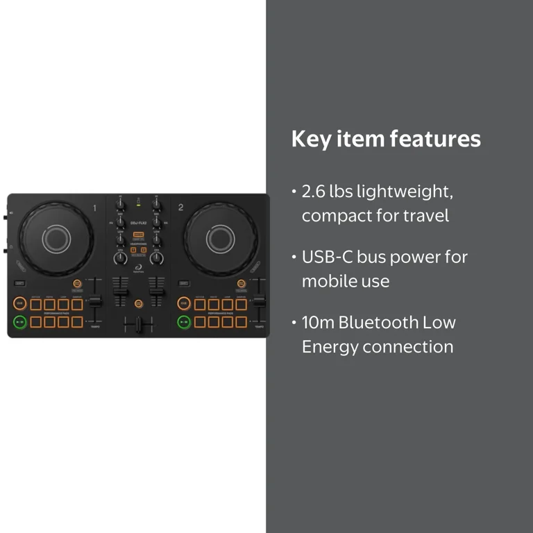 AlphaTheta DDJ-FLX2 DJ Controller, Compact 2-Channel DJ Mixer with