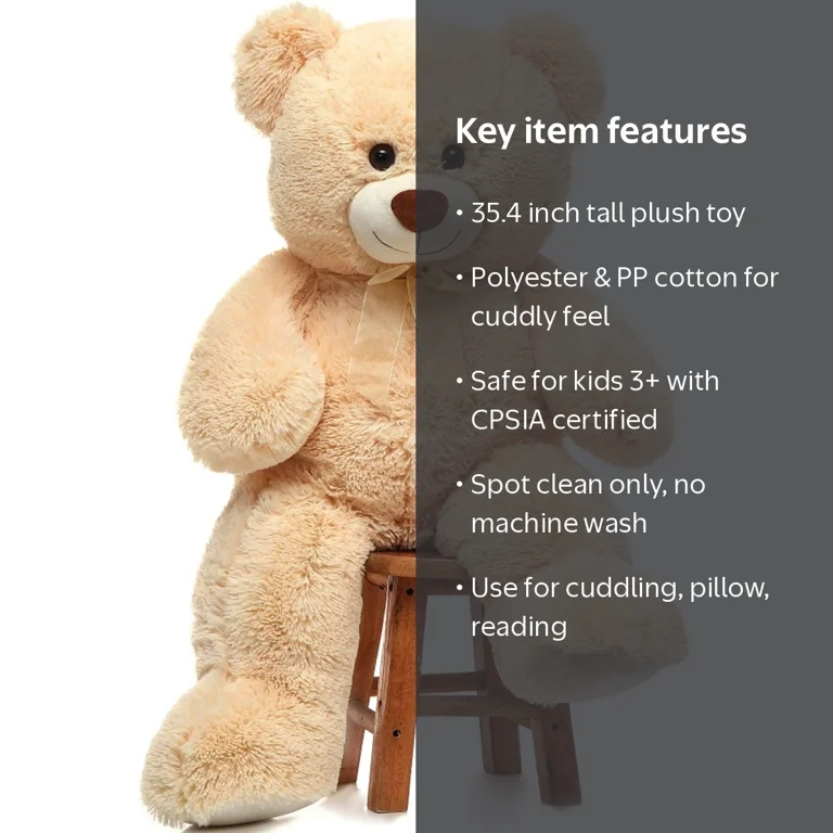 MorisMos, Giant Teddy Bear, 35.4 inches, Beige, Cuddly Plush Toy